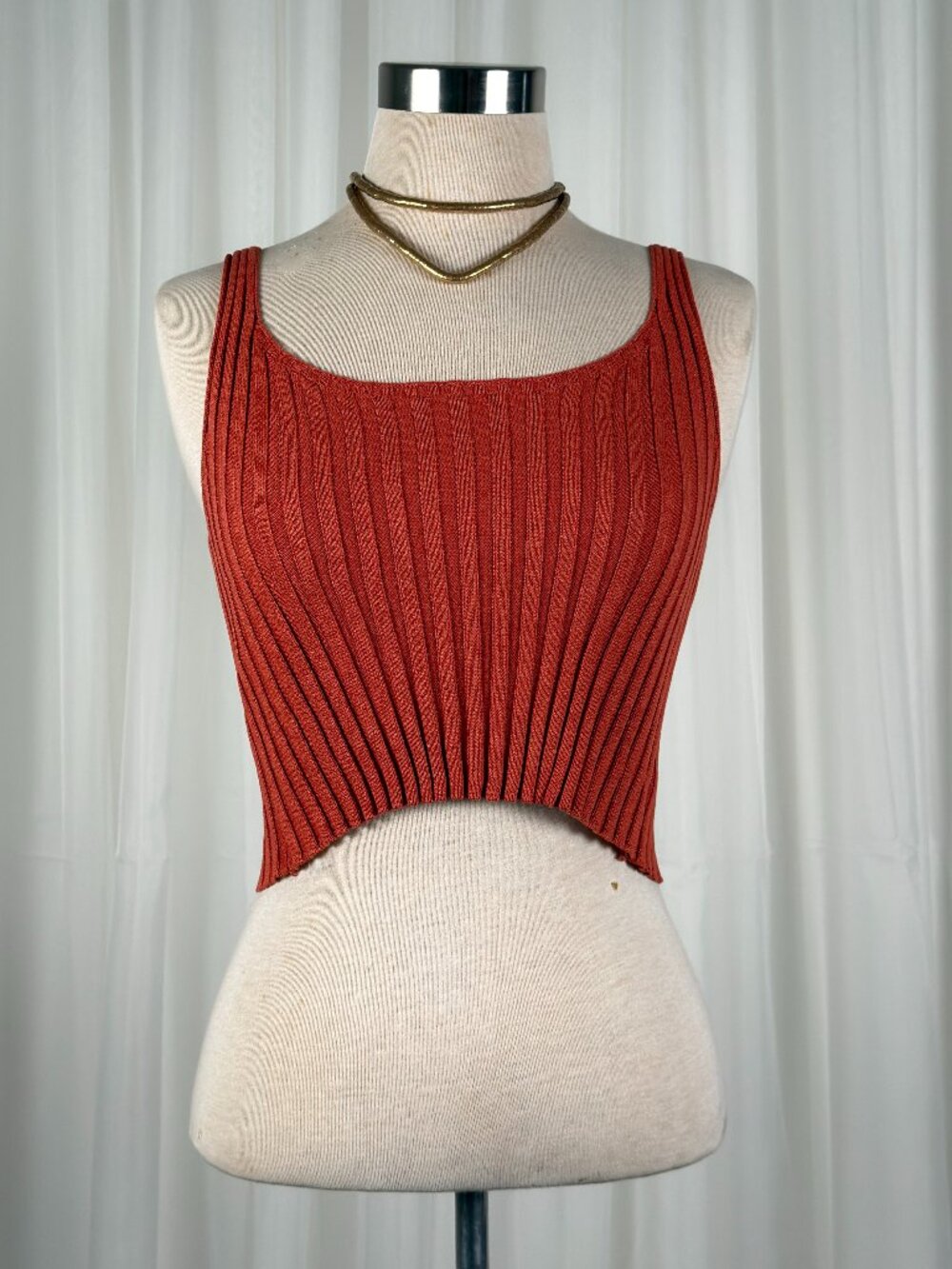 Rust Orange Ribbed‎ Knit Crop Tank Top Small Y2K Boho Festival